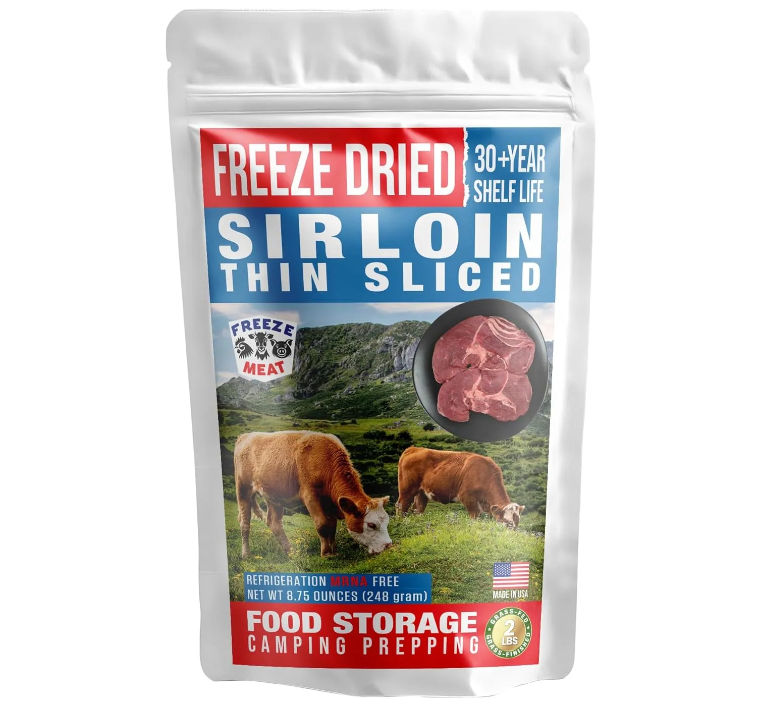 FREEZE MEAT Freeze-Dried Sirloin Steaks - Family Pack, 2 lbs, 30-Year Shelf Life, No Refrigeration Needed | Perfect for Backpacking, Camping, Emergencies, and Food Storage | Grass-Fed - Preserving Your Future