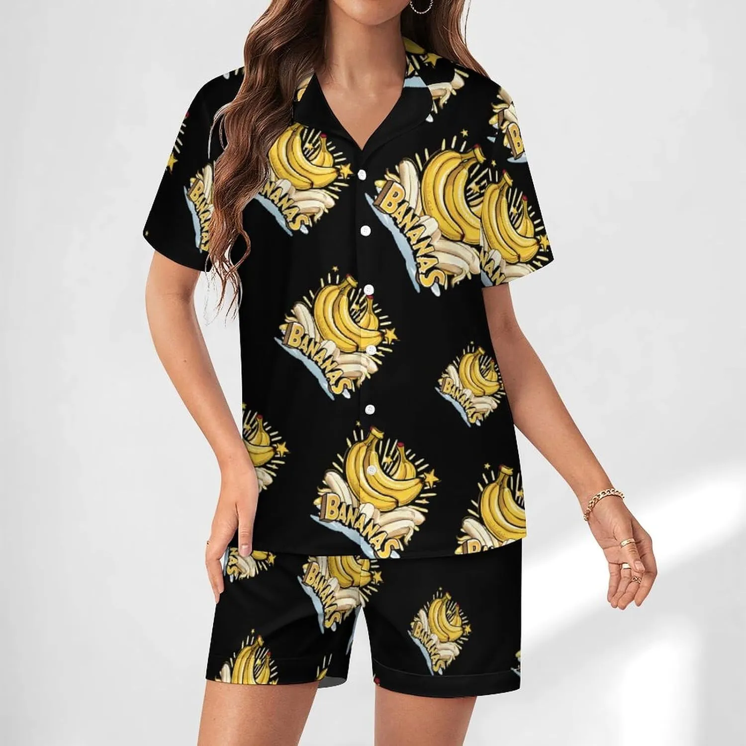 Funny Bananas Women's Satin Pajama Set Short Sleeve Button Down Sleepwear Loungewear Pj Set