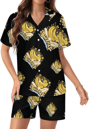 Funny Bananas Women's Satin Pajama Set Short Sleeve Button Down Sleepwear Loungewear Pj Set