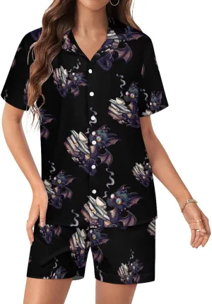Funny Dragon Read Books Women's Satin Pajama Set Short Sleeve Button Down Sleepwear Loungewear Pj Set