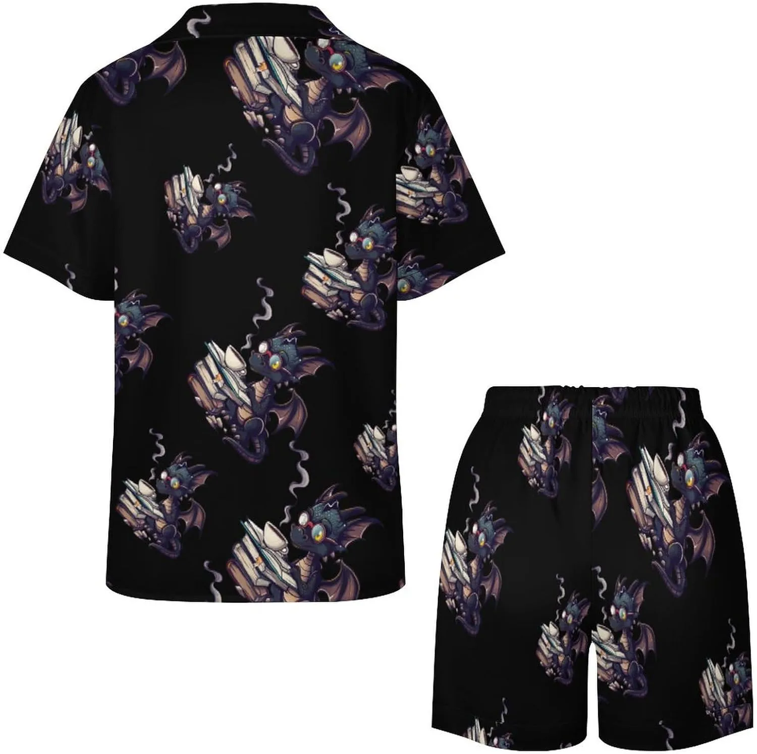 Funny Dragon Read Books Women's Satin Pajama Set Short Sleeve Button Down Sleepwear Loungewear Pj Set