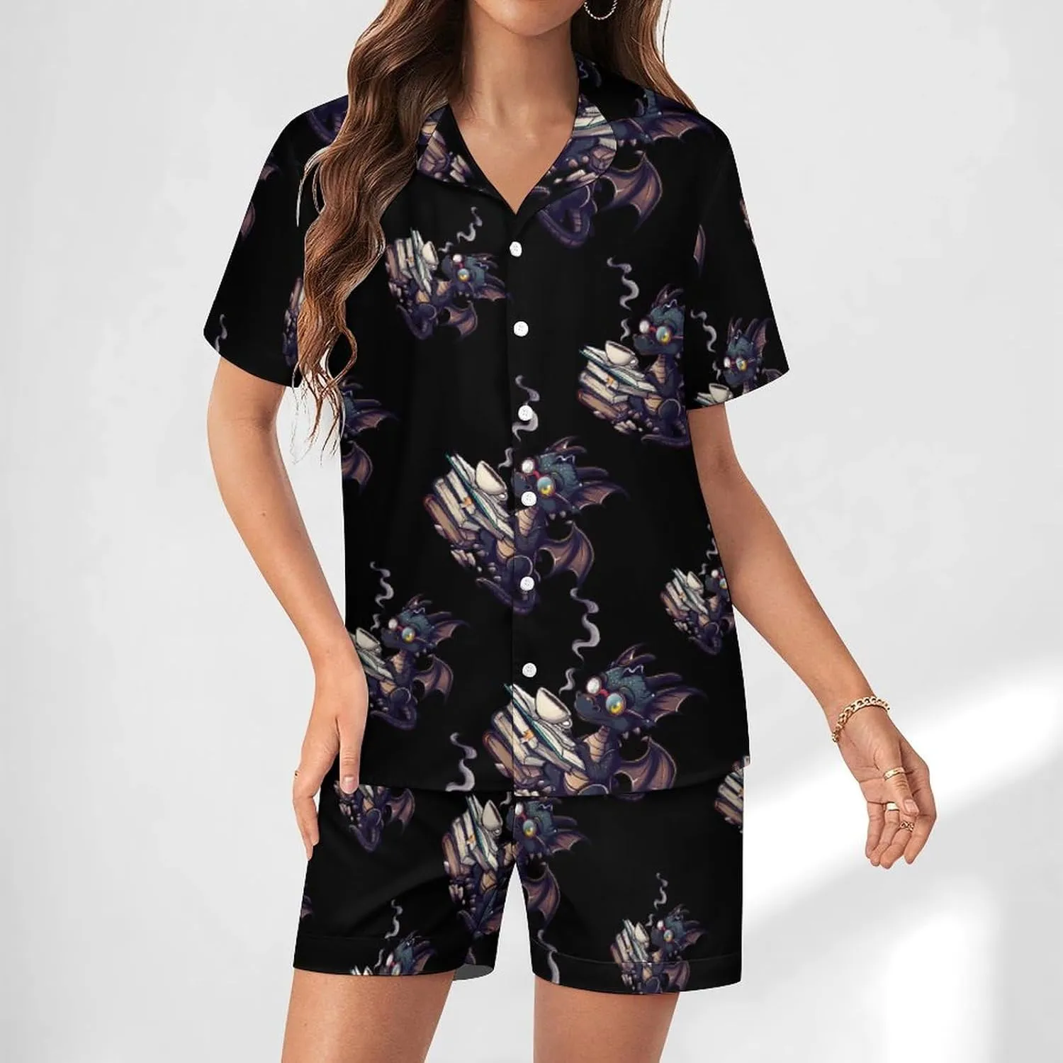 Funny Dragon Read Books Women's Satin Pajama Set Short Sleeve Button Down Sleepwear Loungewear Pj Set
