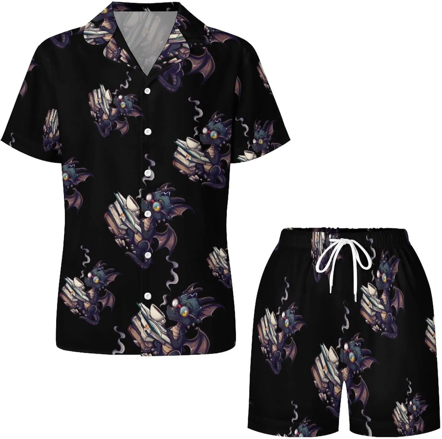 Funny Dragon Read Books Women's Satin Pajama Set Short Sleeve Button Down Sleepwear Loungewear Pj Set