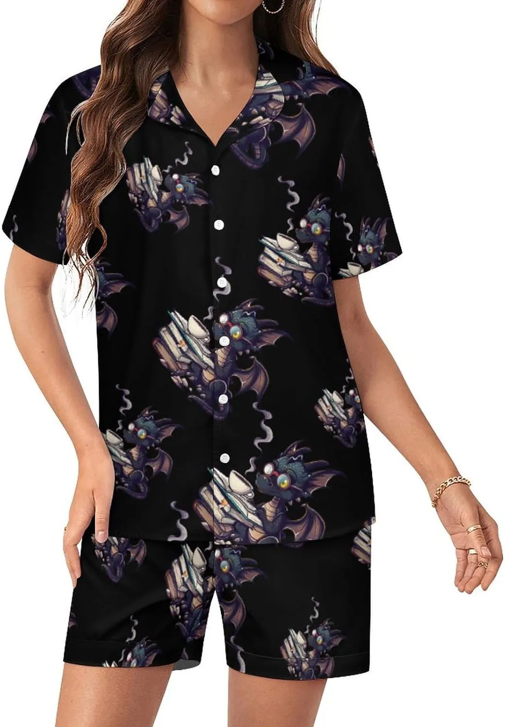 Funny Dragon Read Books Women's Satin Pajama Set Short Sleeve Button Down Sleepwear Loungewear Pj Set