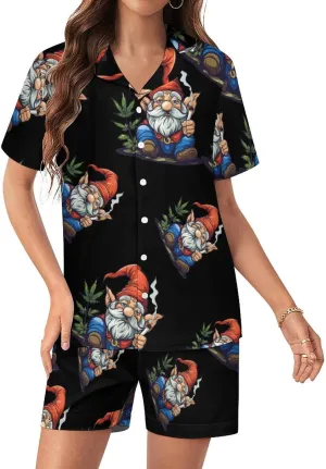 Funny Weed Gnome Women's Satin Pajama Set Short Sleeve Button Down Sleepwear Loungewear Pj Set