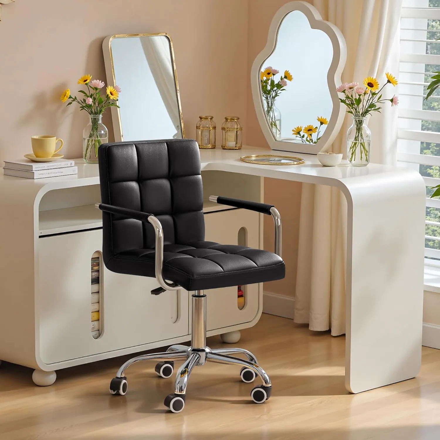 Furmax Mid-Back Office Task Chair Ribbed PU Leather Executive Chair Modern Adjustable Home Desk Chair Retro Comfortable Work Chair 360 Degree Swivel with Arms (Black)