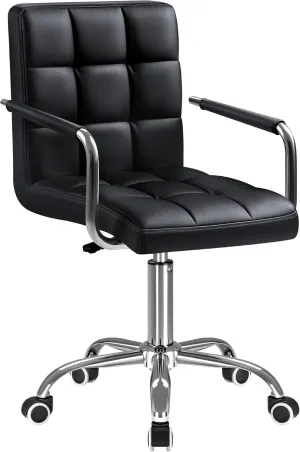 Furmax Mid-Back Office Task Chair Ribbed PU Leather Executive Chair Modern Adjustable Home Desk Chair Retro Comfortable Work Chair 360 Degree Swivel with Arms (Black)