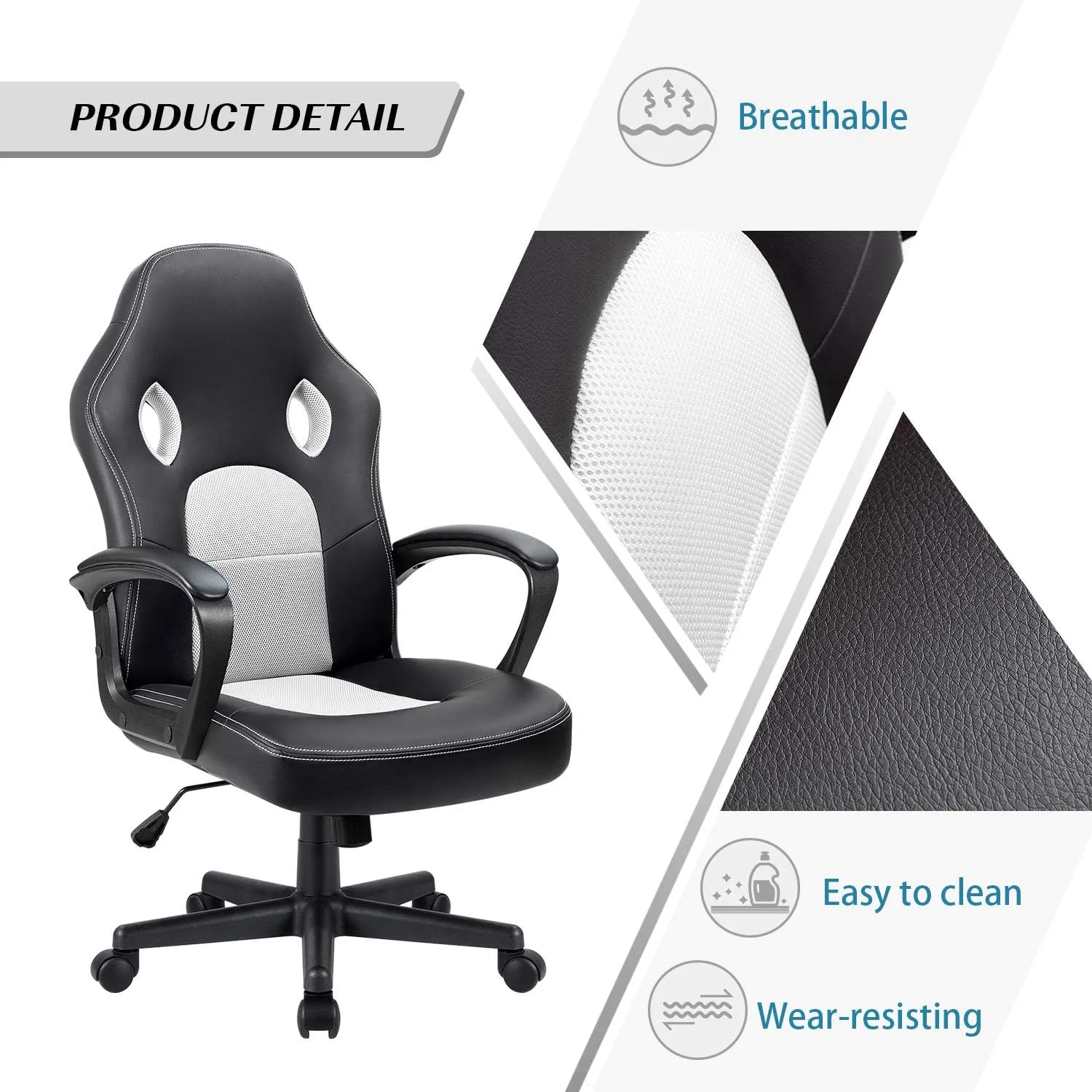 Furmax Office Chair Desk Chair Leather Gaming Chair Computer Chair Racing Style Ergonomic Adjustable Swivel Task Chair with Lumbar Support and Arms (White)