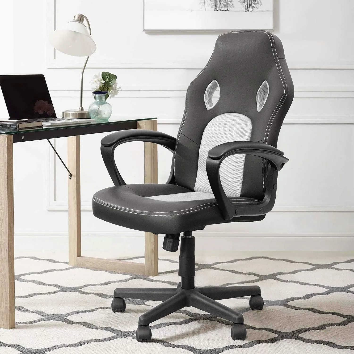 Furmax Office Chair Desk Chair Leather Gaming Chair Computer Chair Racing Style Ergonomic Adjustable Swivel Task Chair with Lumbar Support and Arms (White)