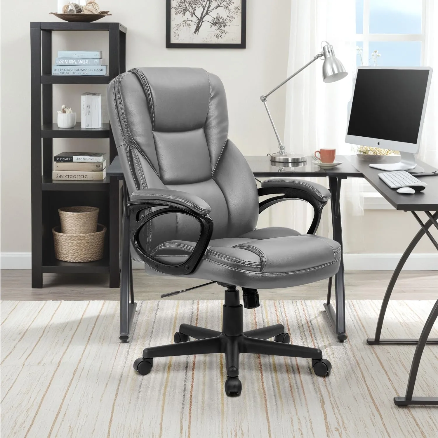 Furmax Office Executive Chair High Back Adjustable Managerial Home Desk Chair, Swivel Computer PU Leather Chair with Lumbar Support (Gray)