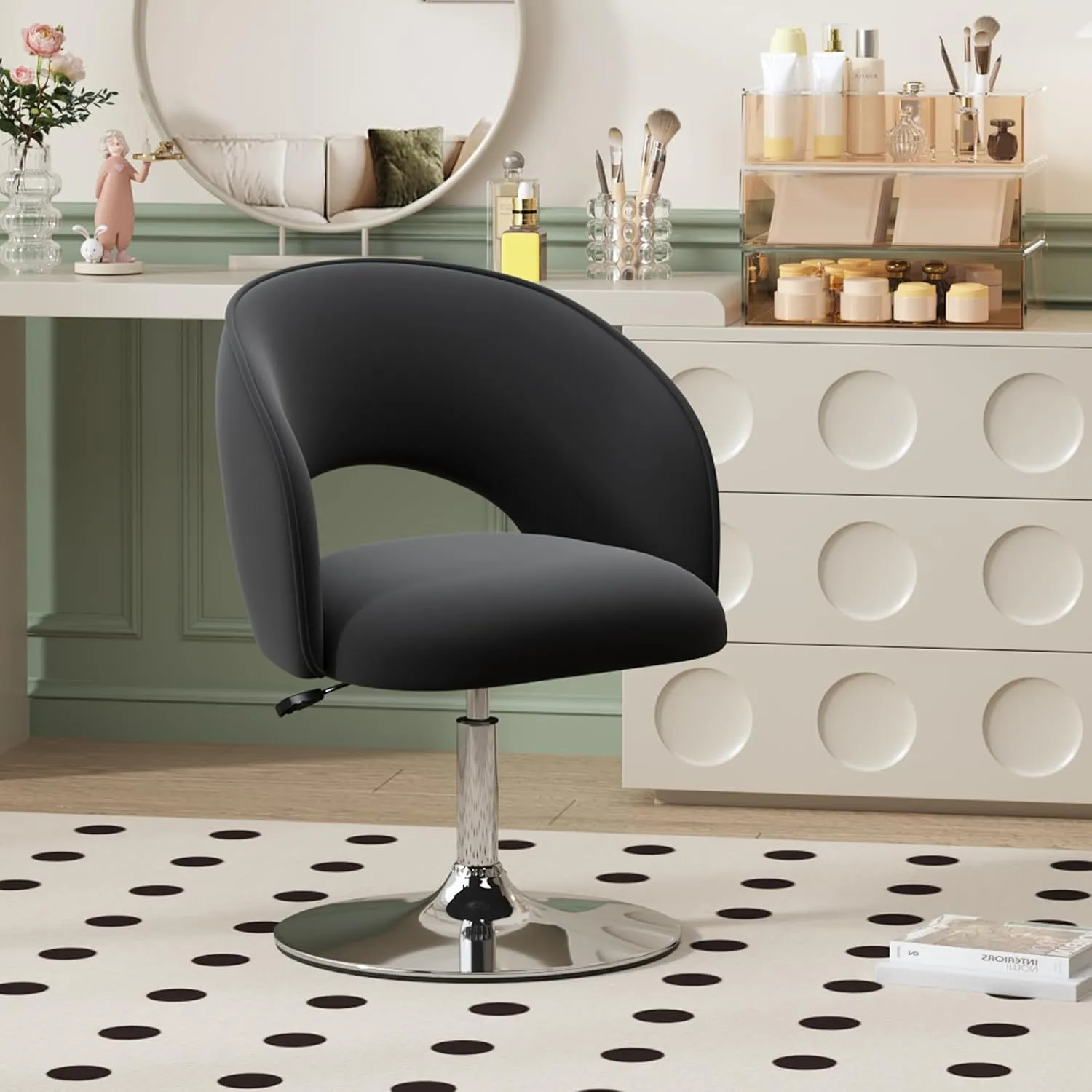 Furniliving Makeup Vanity, Chair Flexible Round-Back, 360° Accent Chair with Plated Frame Height Adjustable Swivel Chairs for Living Room Charming Chair Lounge Pub Bar (Black)