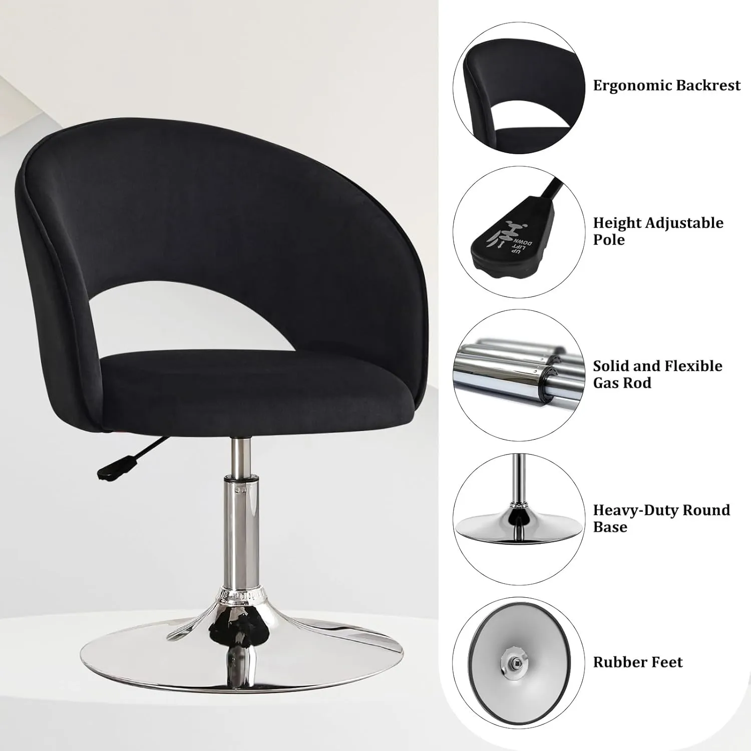 Furniliving Makeup Vanity, Chair Flexible Round-Back, 360° Accent Chair with Plated Frame Height Adjustable Swivel Chairs for Living Room Charming Chair Lounge Pub Bar (Black)