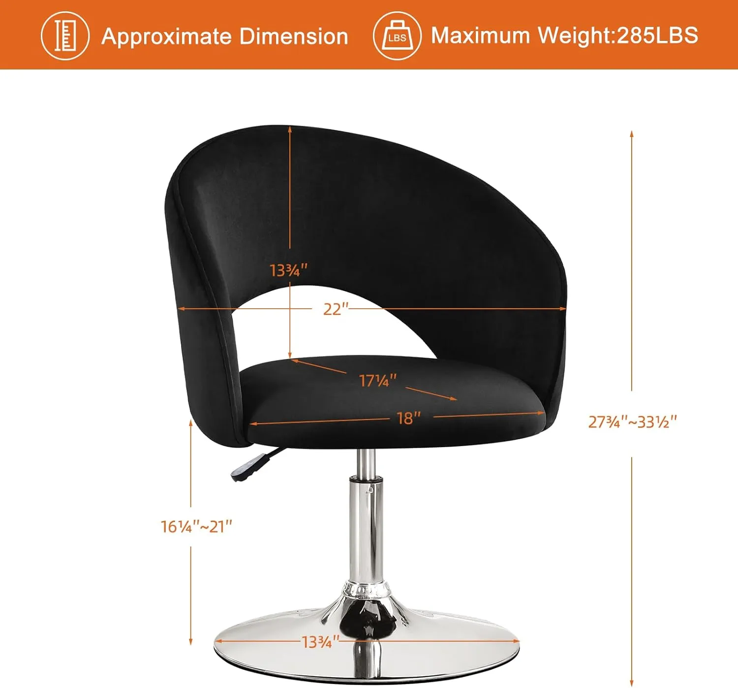 Furniliving Makeup Vanity, Chair Flexible Round-Back, 360° Accent Chair with Plated Frame Height Adjustable Swivel Chairs for Living Room Charming Chair Lounge Pub Bar (Black)