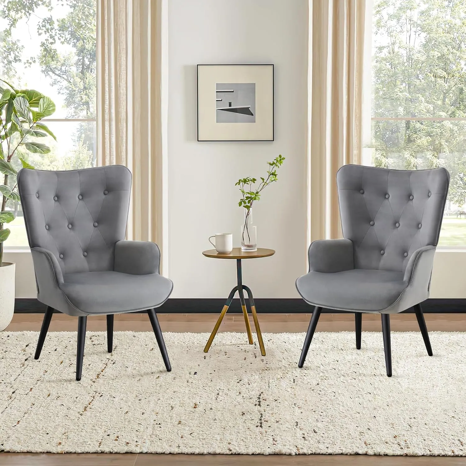 Furniliving Modern Accent Chair, Velvet Tufted Button Wingback Chair Upholstered Side Armchair Comfy Lounge Chair with Tapered Legs Sofa Leisure Chair for Home Office/Living Room/Bedroom, Grey