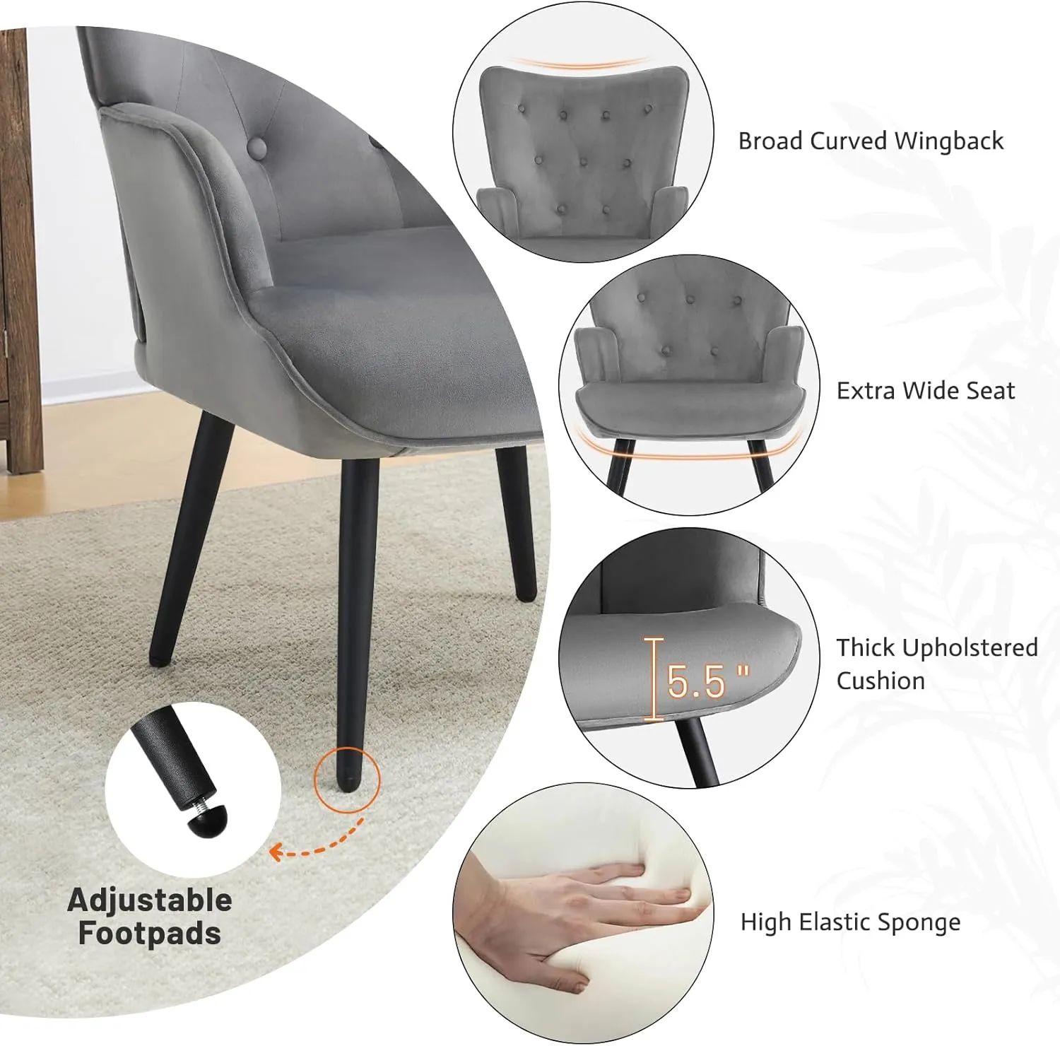 Furniliving Modern Accent Chair, Velvet Tufted Button Wingback Chair Upholstered Side Armchair Comfy Lounge Chair with Tapered Legs Sofa Leisure Chair for Home Office/Living Room/Bedroom, Grey