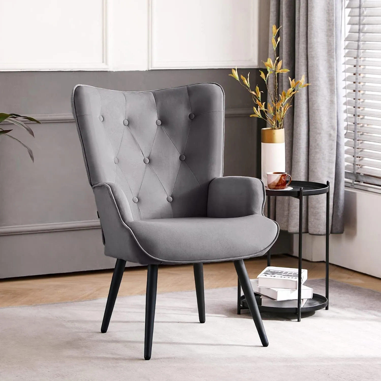 Furniliving Modern Accent Chair, Velvet Tufted Button Wingback Chair Upholstered Side Armchair Comfy Lounge Chair with Tapered Legs Sofa Leisure Chair for Home Office/Living Room/Bedroom, Grey