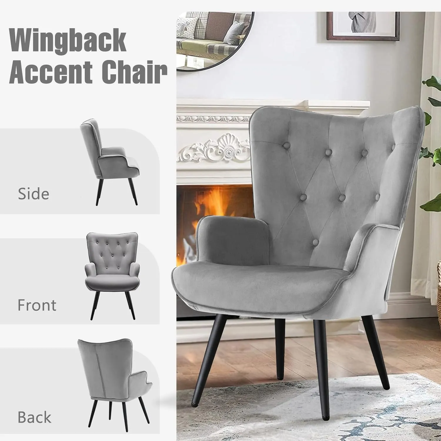 Furniliving Modern Accent Chair, Velvet Tufted Button Wingback Chair Upholstered Side Armchair Comfy Lounge Chair with Tapered Legs Sofa Leisure Chair for Home Office/Living Room/Bedroom, Grey
