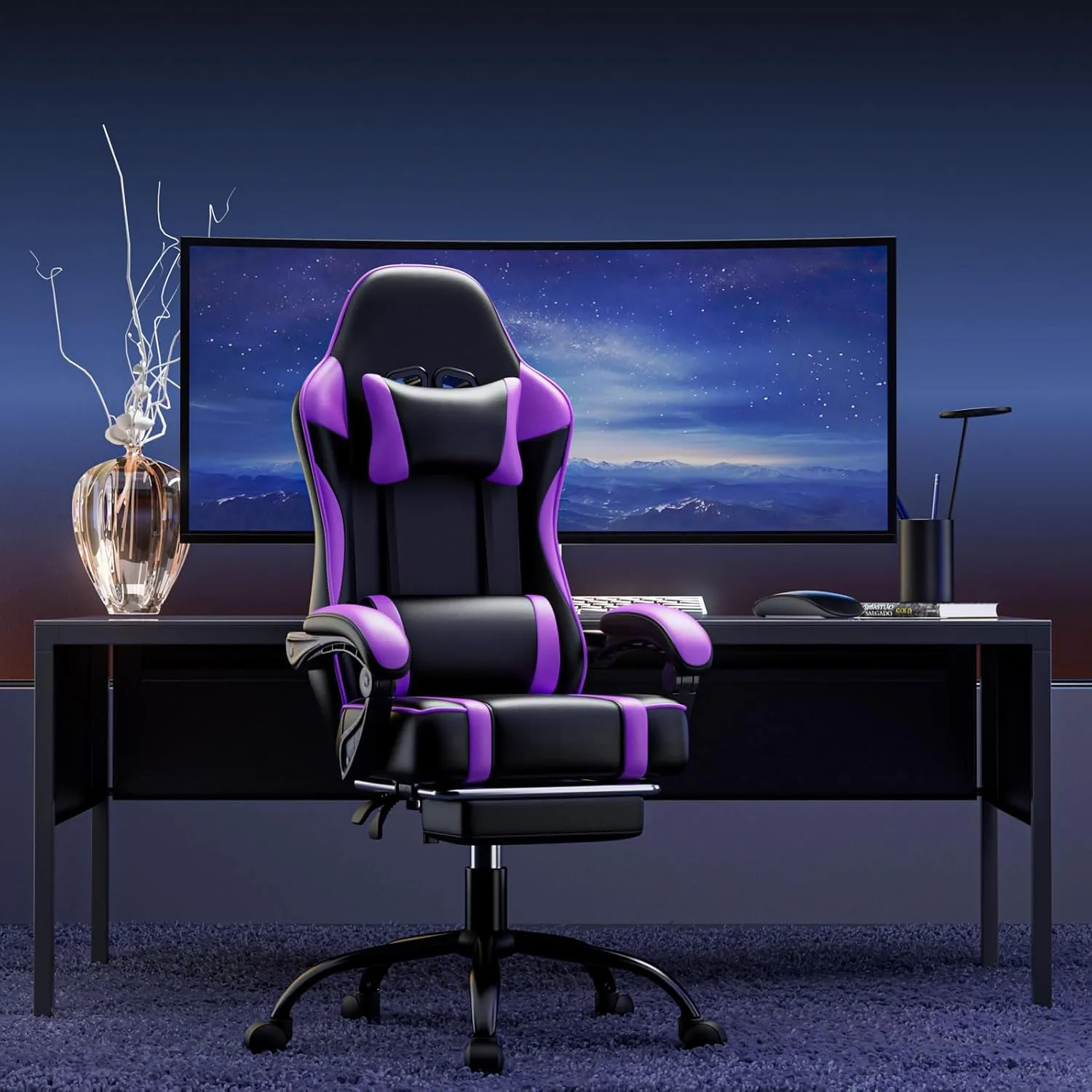 Gaming Chair, Computer Chair with Footrest and Lumbar Support, Ergonomic Video Game Chair with Headrest, Height Adjustable Gamer Chair Office Desk Chair, Purple