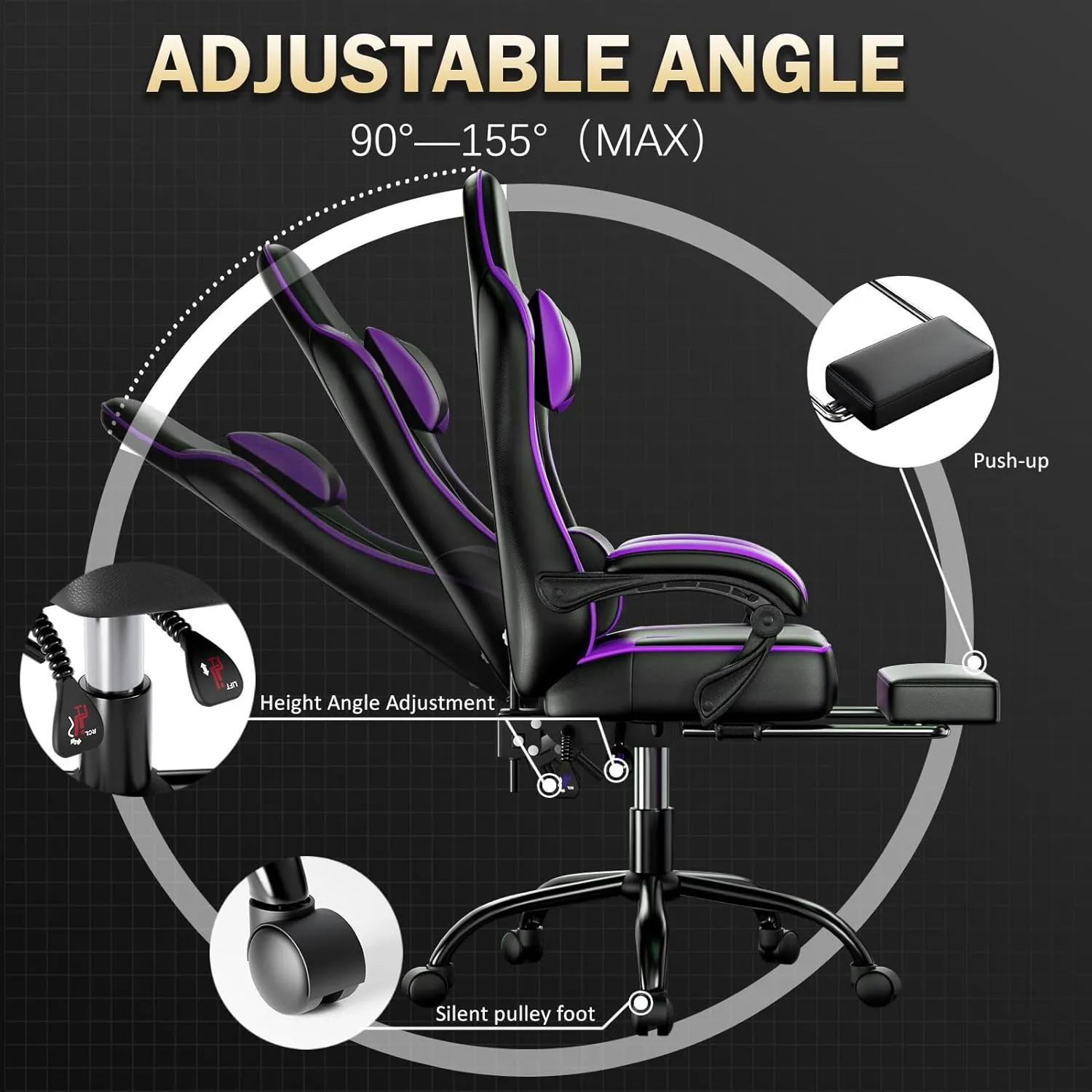 Gaming Chair, Computer Chair with Footrest and Lumbar Support, Ergonomic Video Game Chair with Headrest, Height Adjustable Gamer Chair Office Desk Chair, Purple
