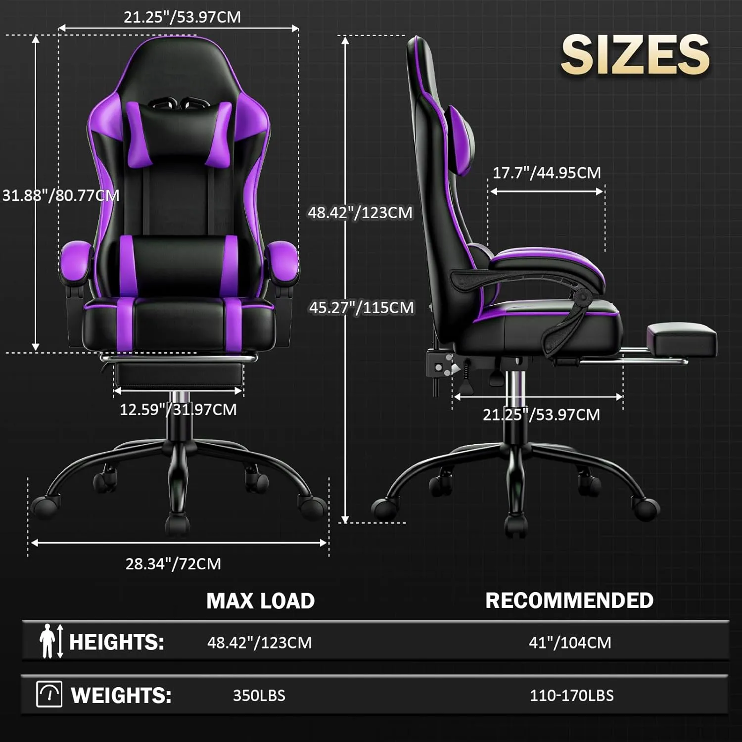 Gaming Chair, Computer Chair with Footrest and Lumbar Support, Ergonomic Video Game Chair with Headrest, Height Adjustable Gamer Chair Office Desk Chair, Purple