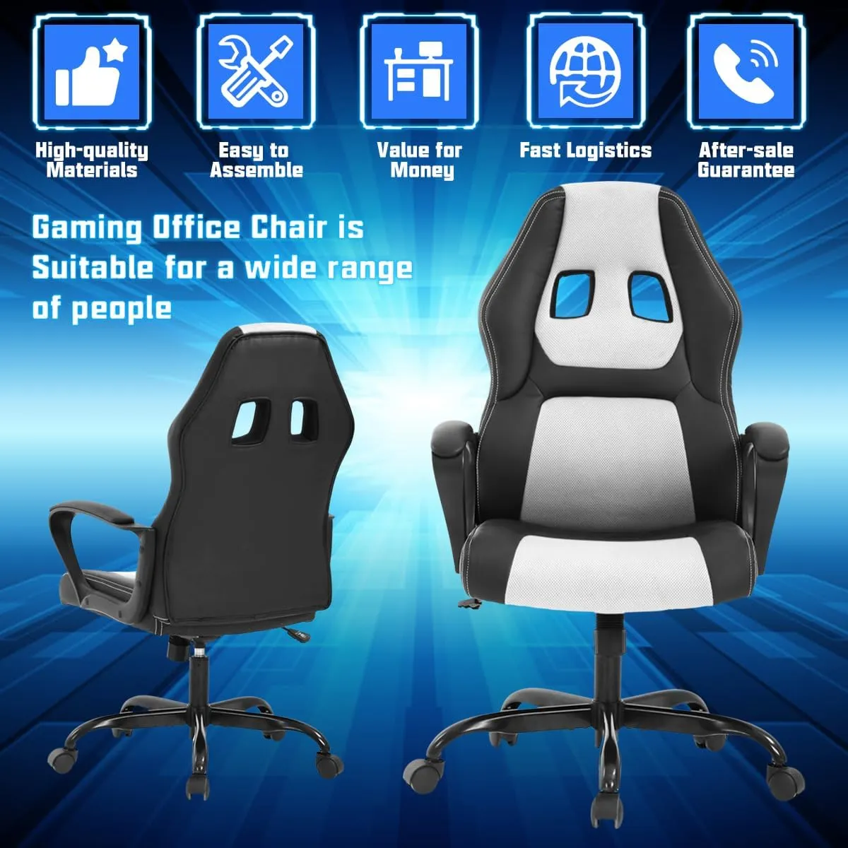 Gaming Chair PC Computer Chair Office Chair for Adult Teen Kids, Ergonomic PU Leather Gamer Chair with Lumbar Support High Back Adjustable Rolling Swivel Desk Chair, White