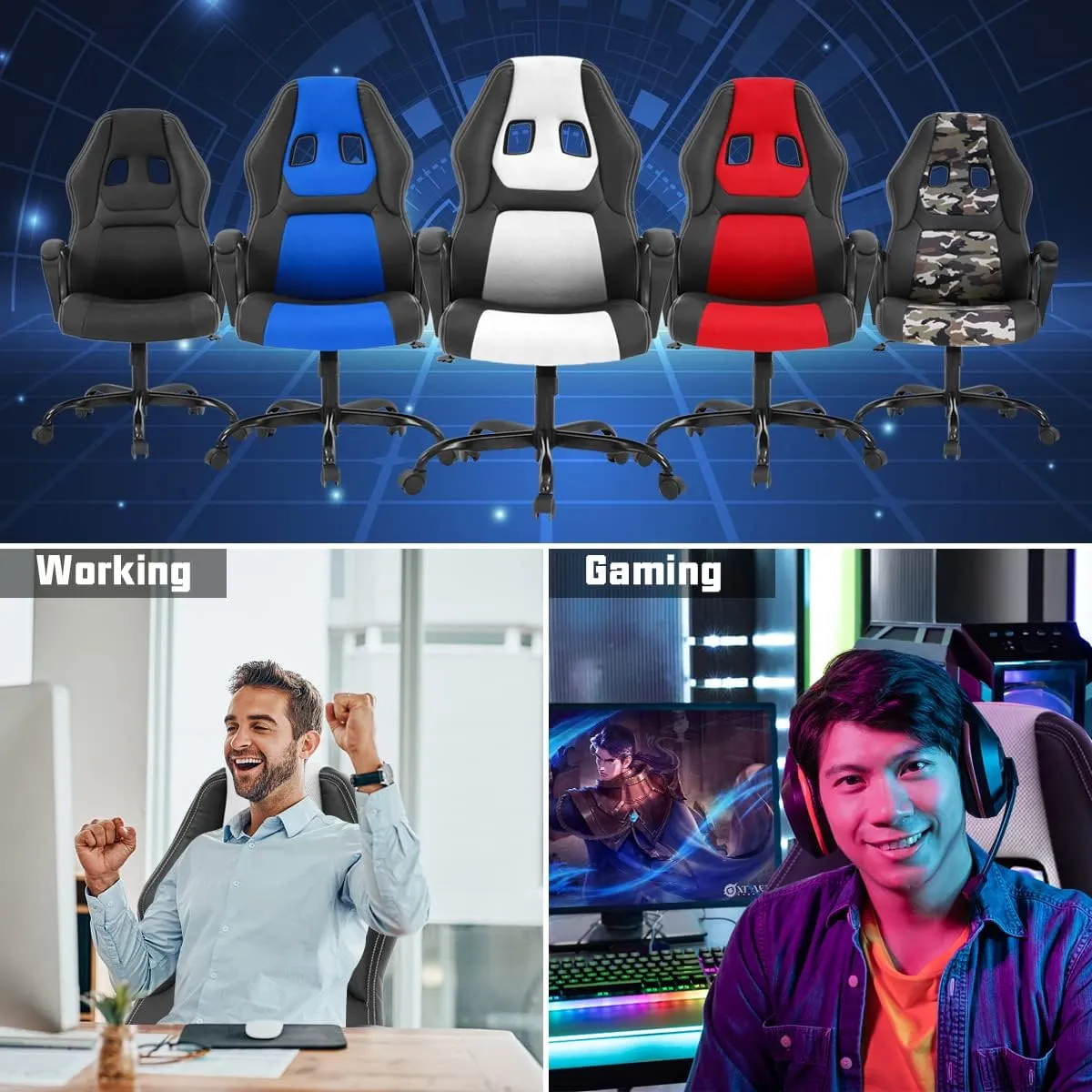 Gaming Chair PC Computer Chair Office Chair for Adult Teen Kids, Ergonomic PU Leather Gamer Chair with Lumbar Support High Back Adjustable Rolling Swivel Desk Chair, White