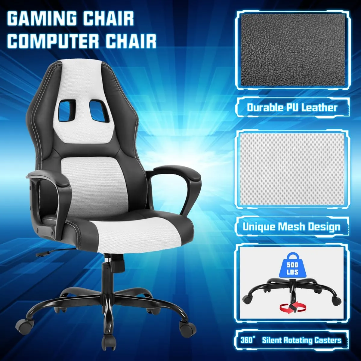 Gaming Chair PC Computer Chair Office Chair for Adult Teen Kids, Ergonomic PU Leather Gamer Chair with Lumbar Support High Back Adjustable Rolling Swivel Desk Chair, White