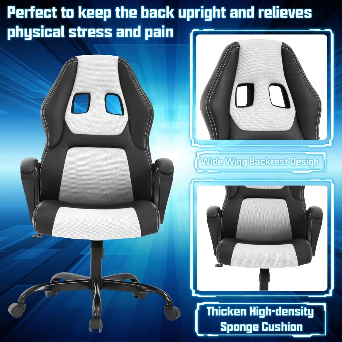 Gaming Chair PC Computer Chair Office Chair for Adult Teen Kids, Ergonomic PU Leather Gamer Chair with Lumbar Support High Back Adjustable Rolling Swivel Desk Chair, White