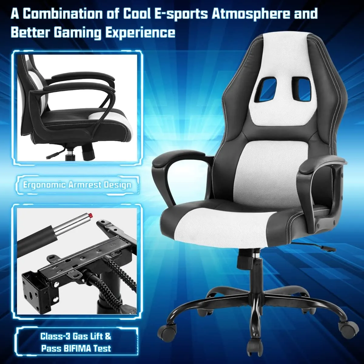 Gaming Chair PC Computer Chair Office Chair for Adult Teen Kids, Ergonomic PU Leather Gamer Chair with Lumbar Support High Back Adjustable Rolling Swivel Desk Chair, White