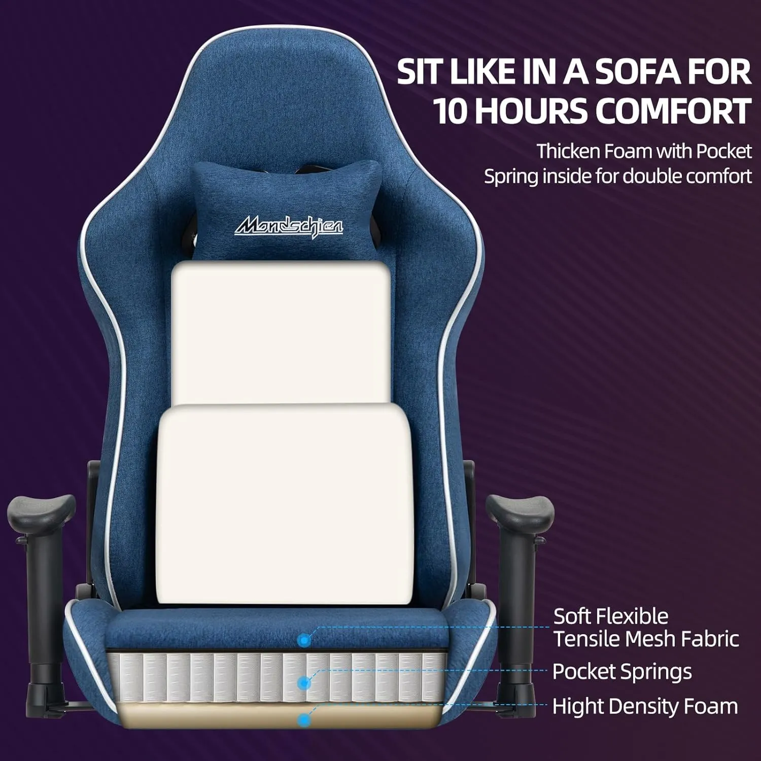 Gaming Chair with Pocket Spring, Fabric Massage Office Chair High Back Ergonomic Reclining Desk Racing Game PC Computer Chair with Footrest, Adjustable Armrest Headrest (Blue)