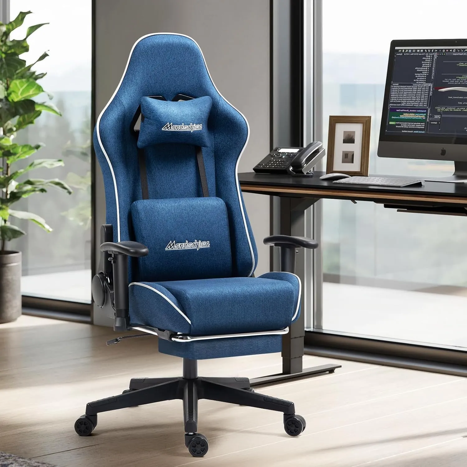 Gaming Chair with Pocket Spring, Fabric Massage Office Chair High Back Ergonomic Reclining Desk Racing Game PC Computer Chair with Footrest, Adjustable Armrest Headrest (Blue)