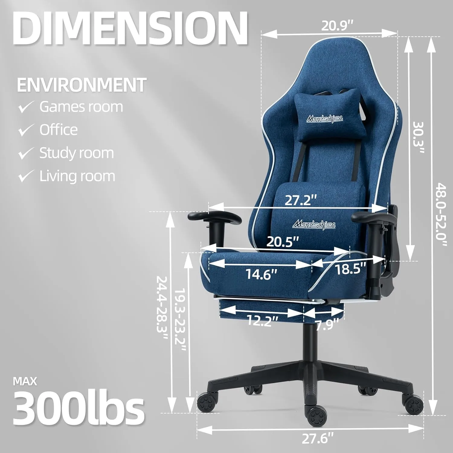 Gaming Chair with Pocket Spring, Fabric Massage Office Chair High Back Ergonomic Reclining Desk Racing Game PC Computer Chair with Footrest, Adjustable Armrest Headrest (Blue)