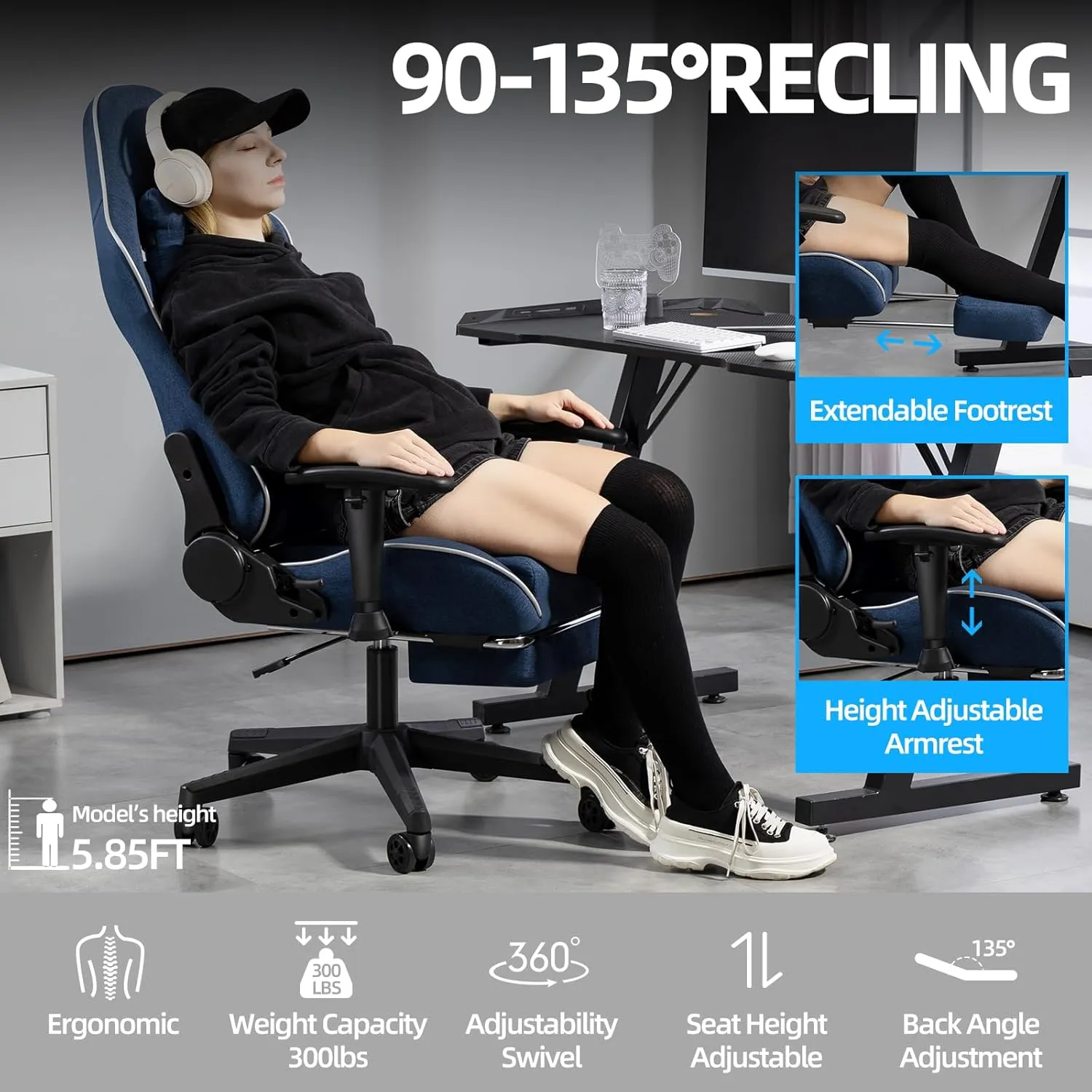 Gaming Chair with Pocket Spring, Fabric Massage Office Chair High Back Ergonomic Reclining Desk Racing Game PC Computer Chair with Footrest, Adjustable Armrest Headrest (Blue)