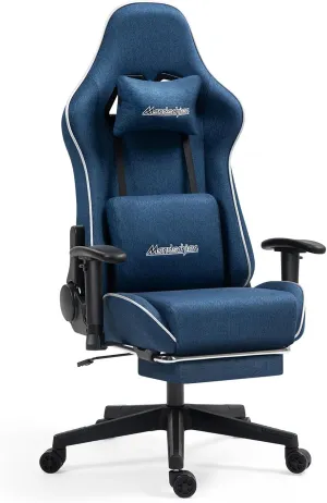 Gaming Chair with Pocket Spring, Fabric Massage Office Chair High Back Ergonomic Reclining Desk Racing Game PC Computer Chair with Footrest, Adjustable Armrest Headrest (Blue)