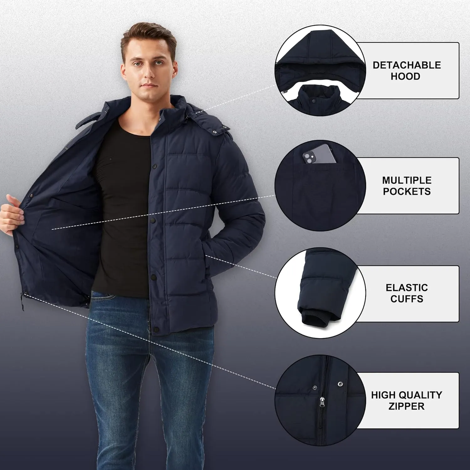 GGleaf Men's Hooded Winter Coat Warm Puffer Jacket Thicken Quilted Jacket