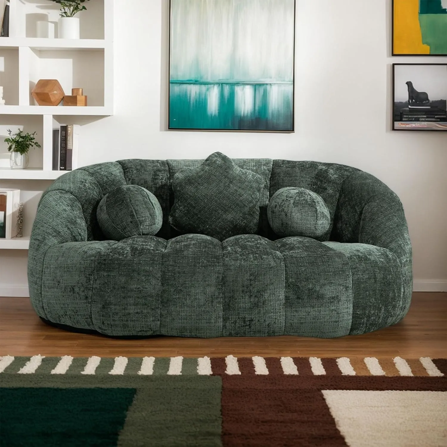 Giant Bean Bag Chair Couch for Adults, Beanbag Lounger with 3 Pillows, Large Lounger High Back Lazy Loveseat Chair, for Bedroom, Living Room, Game Room (Emerald)