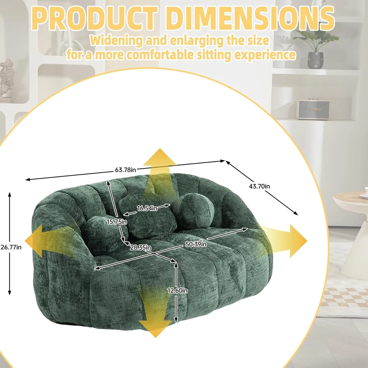 Giant Bean Bag Chair Couch for Adults, Beanbag Lounger with 3 Pillows, Large Lounger High Back Lazy Loveseat Chair, for Bedroom, Living Room, Game Room (Emerald)