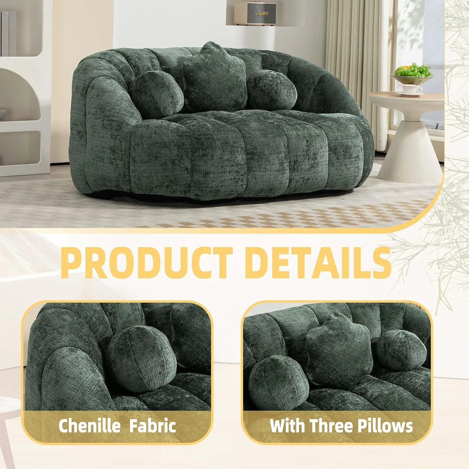 Giant Bean Bag Chair Couch for Adults, Beanbag Lounger with 3 Pillows, Large Lounger High Back Lazy Loveseat Chair, for Bedroom, Living Room, Game Room (Emerald)