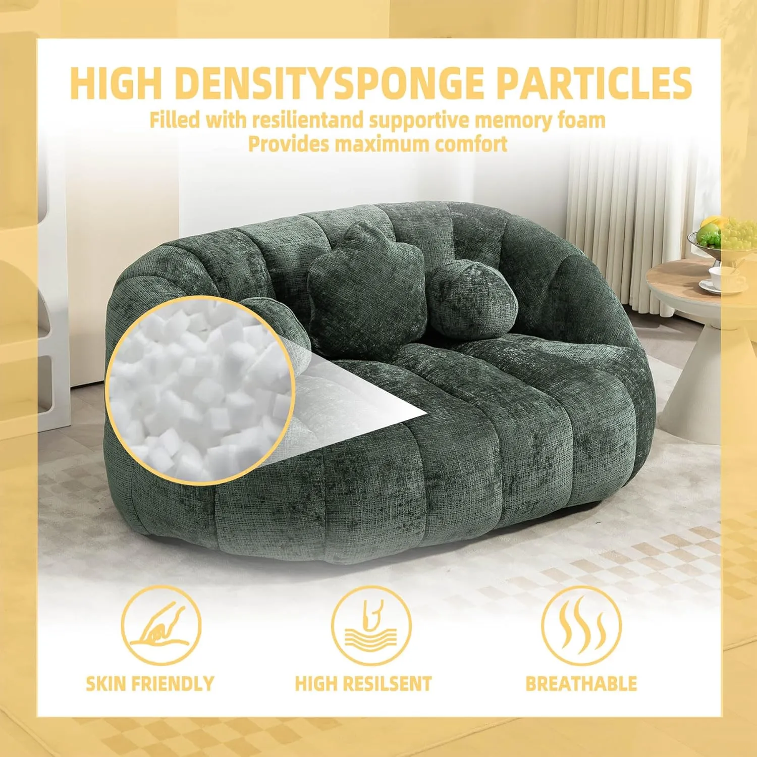 Giant Bean Bag Chair Couch for Adults, Beanbag Lounger with 3 Pillows, Large Lounger High Back Lazy Loveseat Chair, for Bedroom, Living Room, Game Room (Emerald)