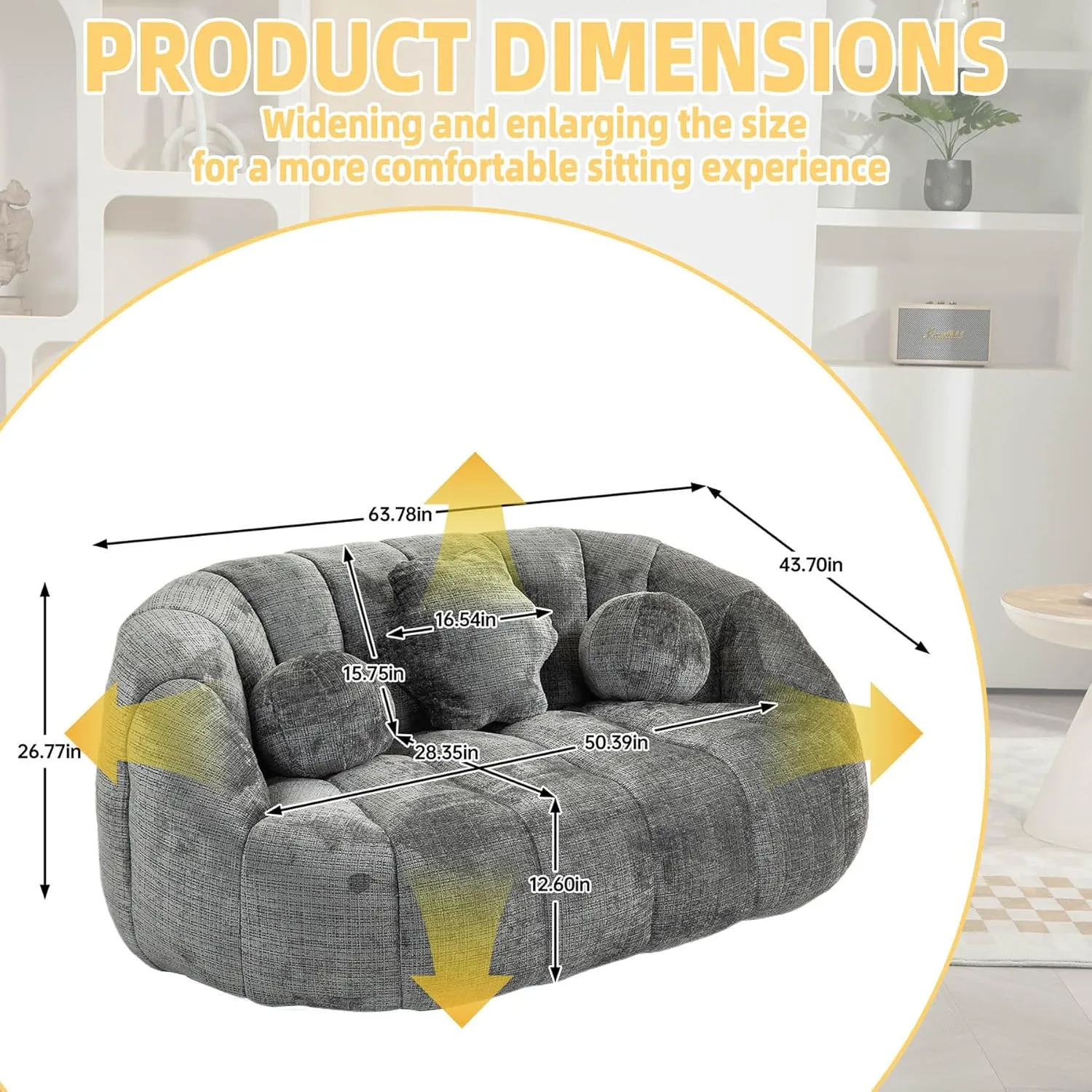 Giant Bean Bag Chair Couch for Adults, Beanbag Lounger with 3 Pillows, Large Lounger High Back Lazy Loveseat Chair, for Bedroom, Living Room, Game Room (Gray)