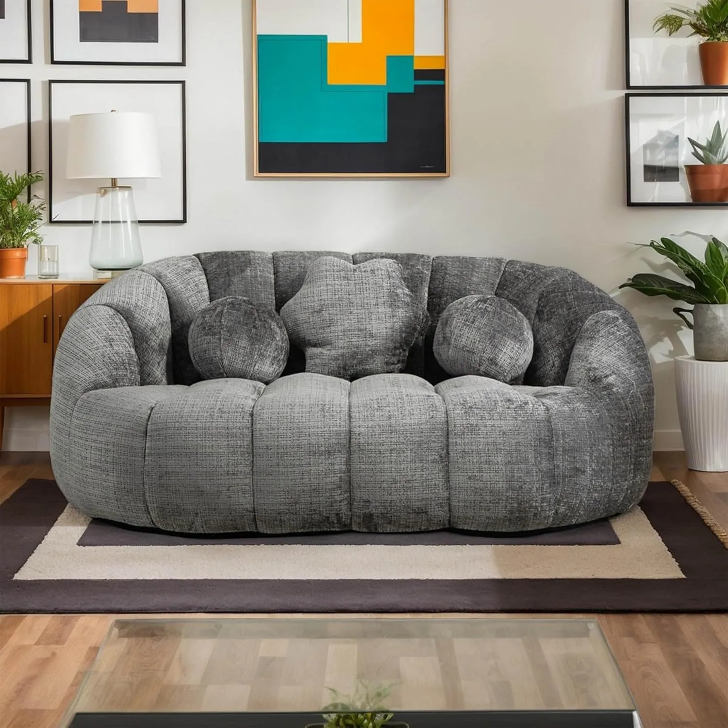 Giant Bean Bag Chair Couch for Adults, Beanbag Lounger with 3 Pillows, Large Lounger High Back Lazy Loveseat Chair, for Bedroom, Living Room, Game Room (Gray)