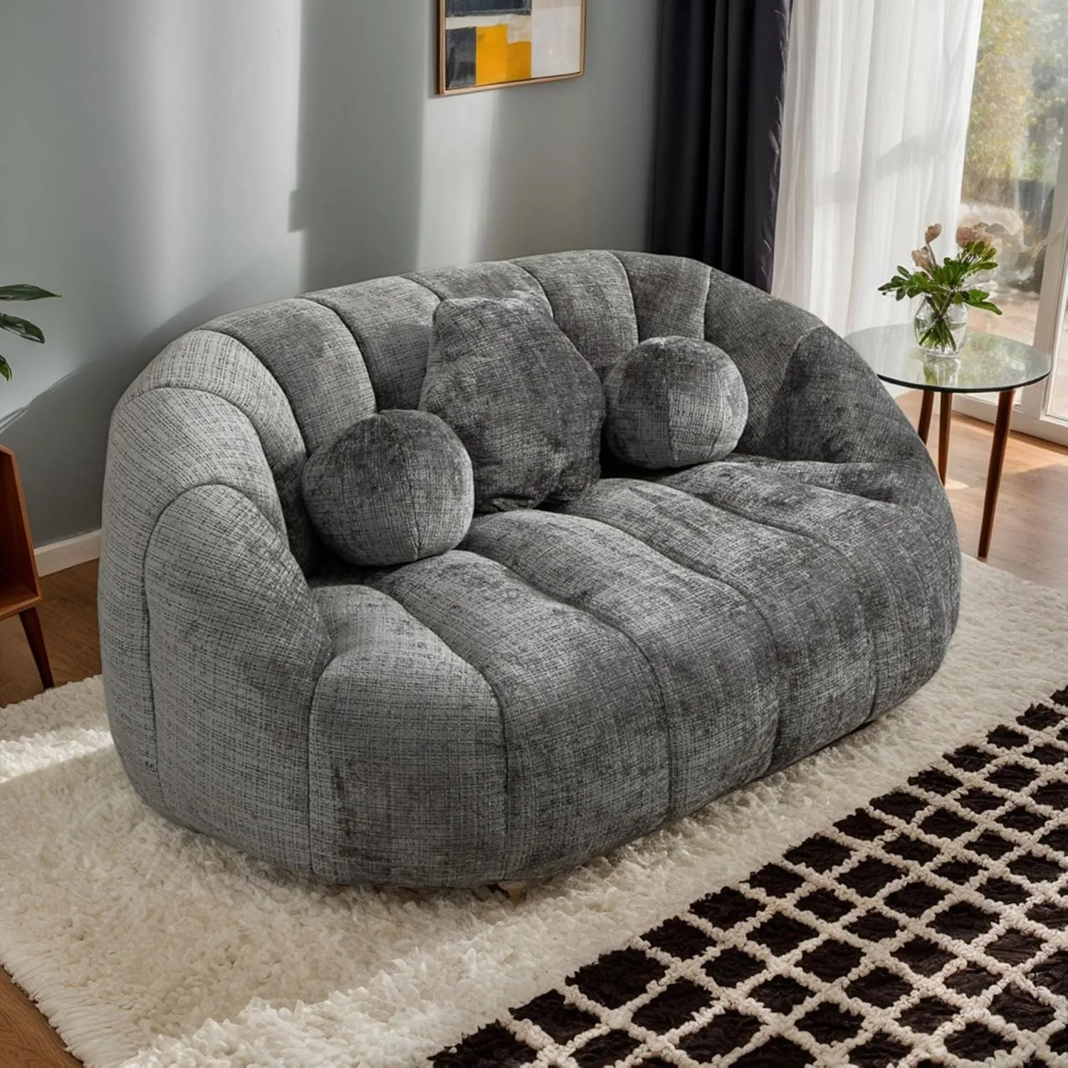 Giant Bean Bag Chair Couch for Adults, Beanbag Lounger with 3 Pillows, Large Lounger High Back Lazy Loveseat Chair, for Bedroom, Living Room, Game Room (Gray)