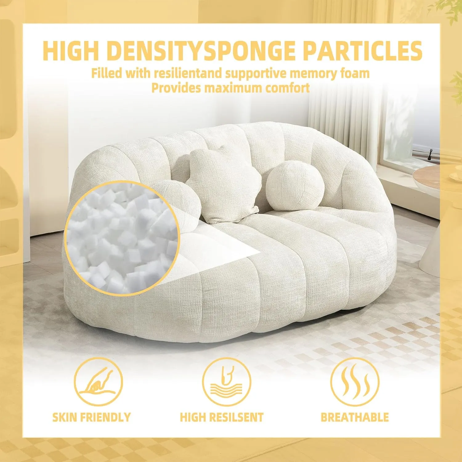 Giant Bean Bag Chair Couch for Adults, Beanbag Lounger with 3 Pillows, Large Lounger High Back Lazy Loveseat Chair, for Bedroom, Living Room, Game Room (White)