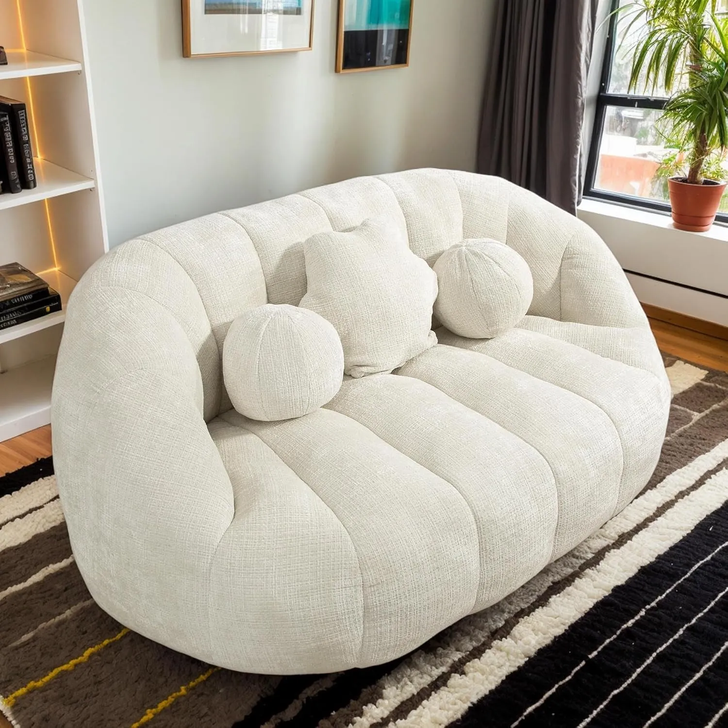 Giant Bean Bag Chair Couch for Adults, Beanbag Lounger with 3 Pillows, Large Lounger High Back Lazy Loveseat Chair, for Bedroom, Living Room, Game Room (White)