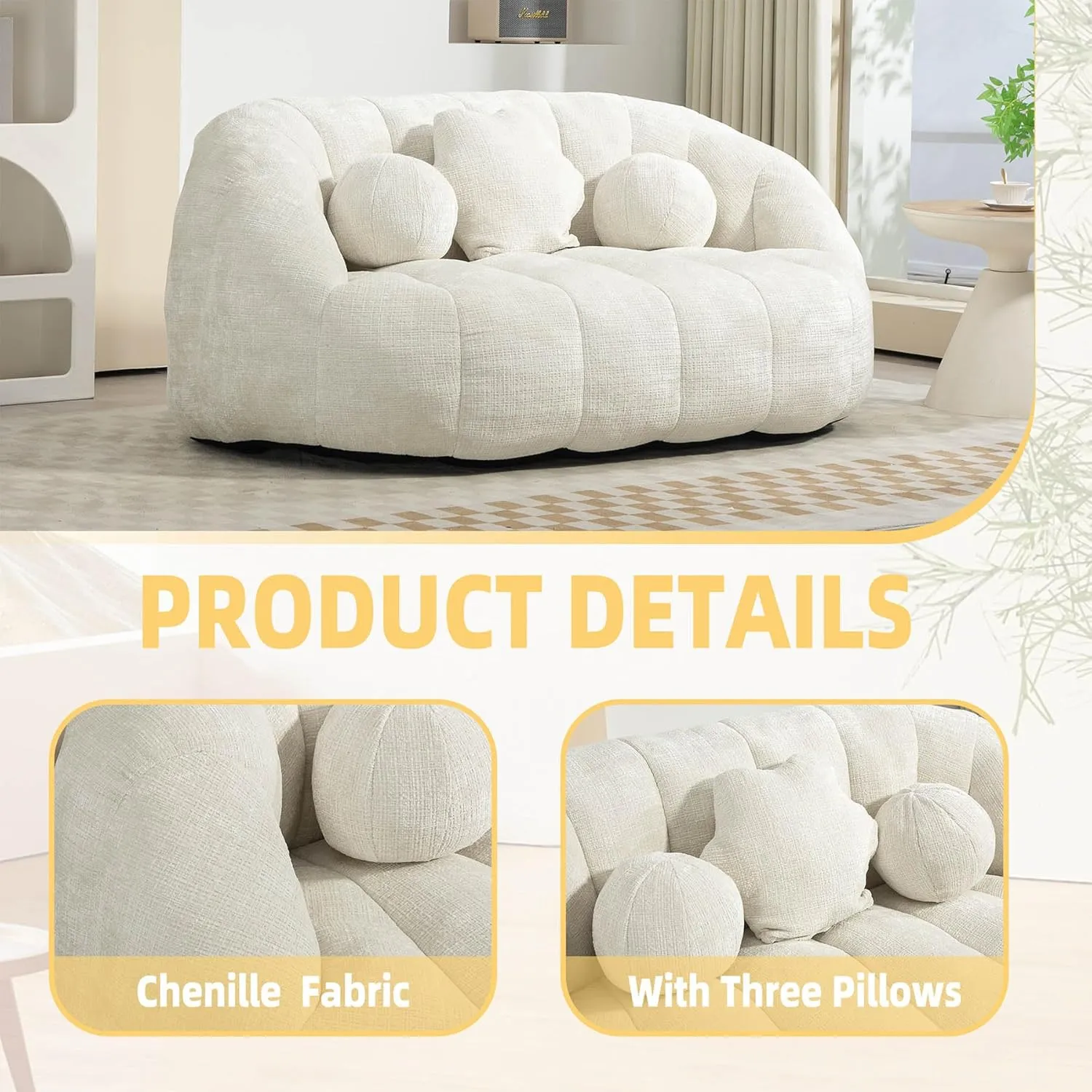 Giant Bean Bag Chair Couch for Adults, Beanbag Lounger with 3 Pillows, Large Lounger High Back Lazy Loveseat Chair, for Bedroom, Living Room, Game Room (White)