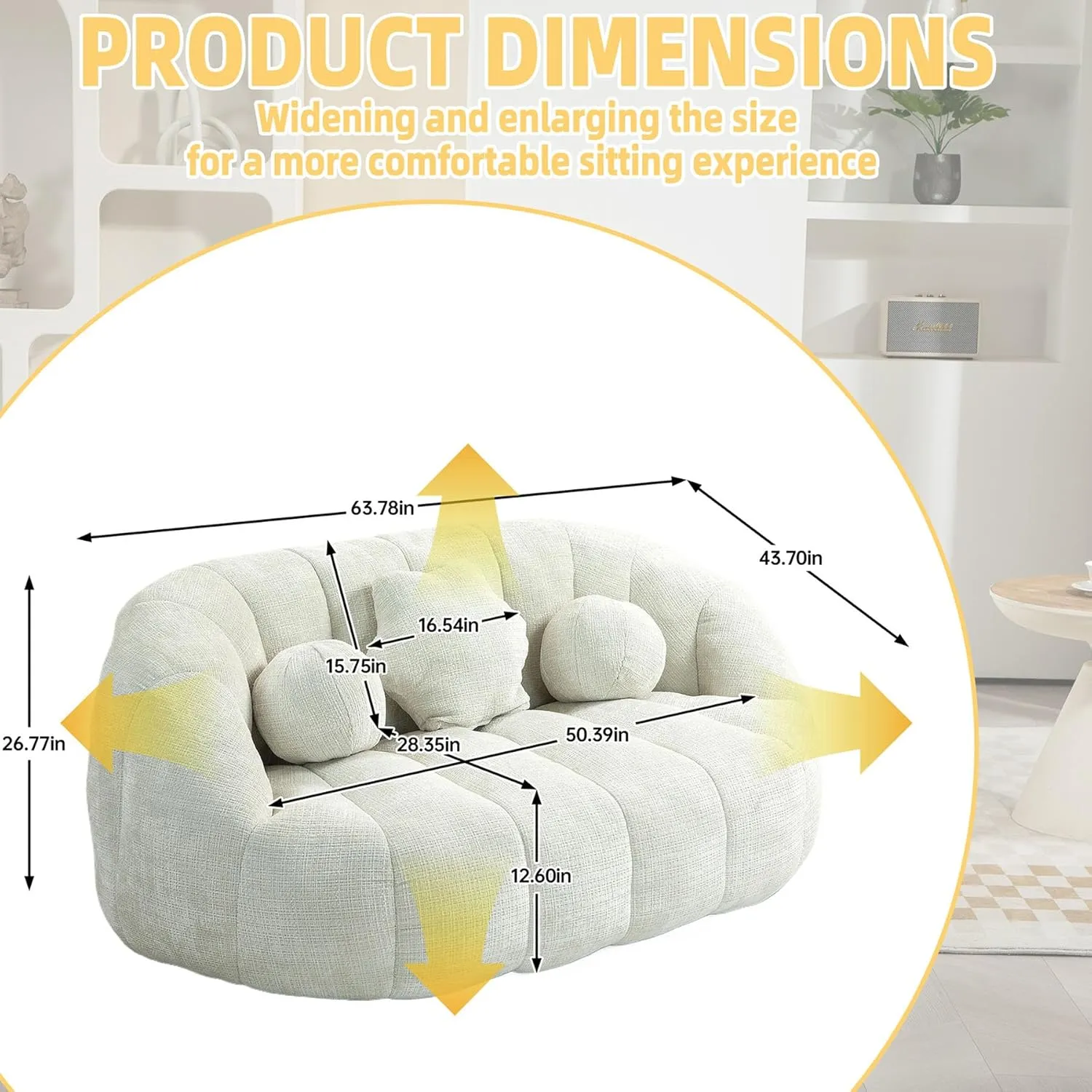 Giant Bean Bag Chair Couch for Adults, Beanbag Lounger with 3 Pillows, Large Lounger High Back Lazy Loveseat Chair, for Bedroom, Living Room, Game Room (White)