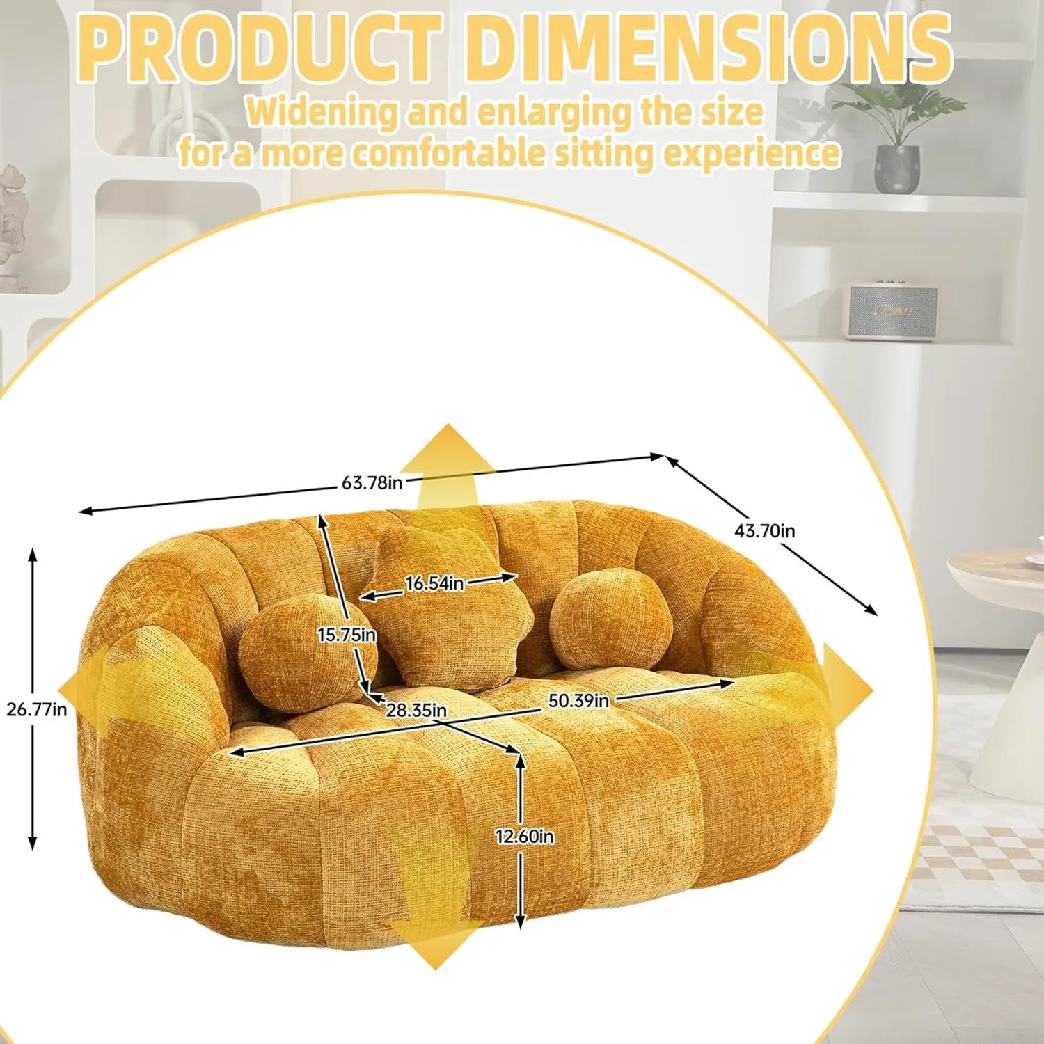Giant Bean Bag Chair Couch for Adults, Beanbag Lounger with 3 Pillows, Large Lounger High Back Lazy Loveseat Chair, for Bedroom, Living Room, Game Room (Yellow)