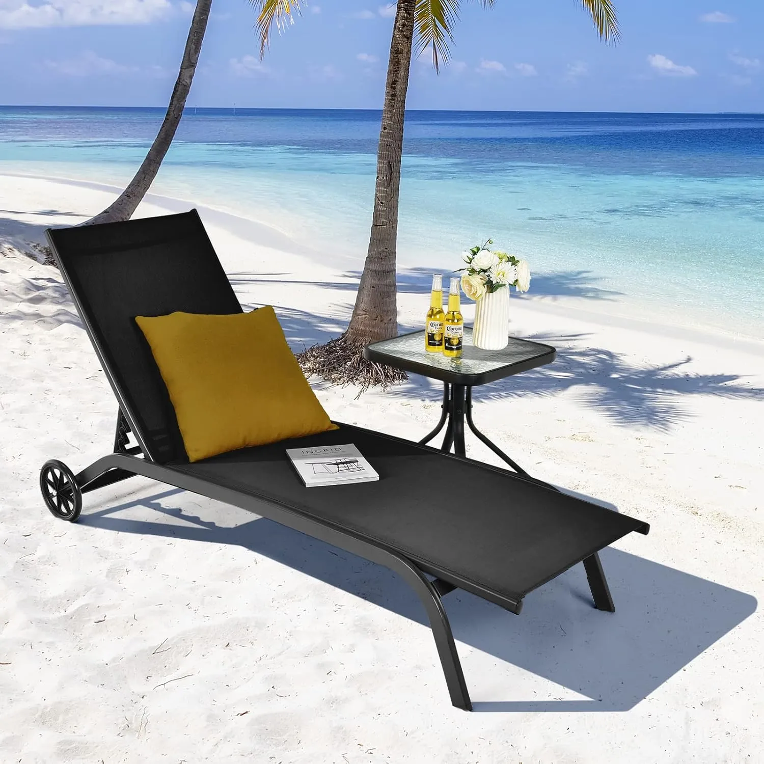 Giantex Patio Lounge Chairs for Pool Area, Outdoor Chaise Lounger with 6 Adjustable Position Smooth Wheels and Quick-Drying Fabric, Lawn Recliner for Backyard, Garden Sunbathing Chair (1, Black)