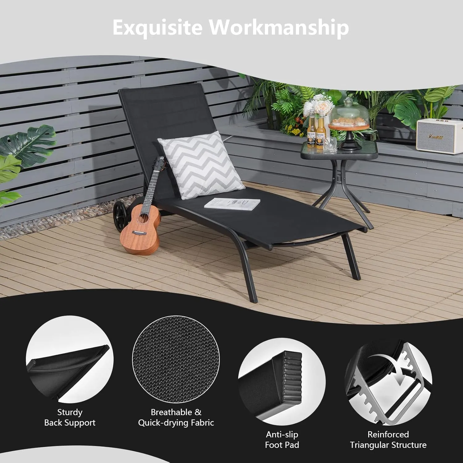 Giantex Patio Lounge Chairs for Pool Area, Outdoor Chaise Lounger with 6 Adjustable Position Smooth Wheels and Quick-Drying Fabric, Lawn Recliner for Backyard, Garden Sunbathing Chair (1, Black)