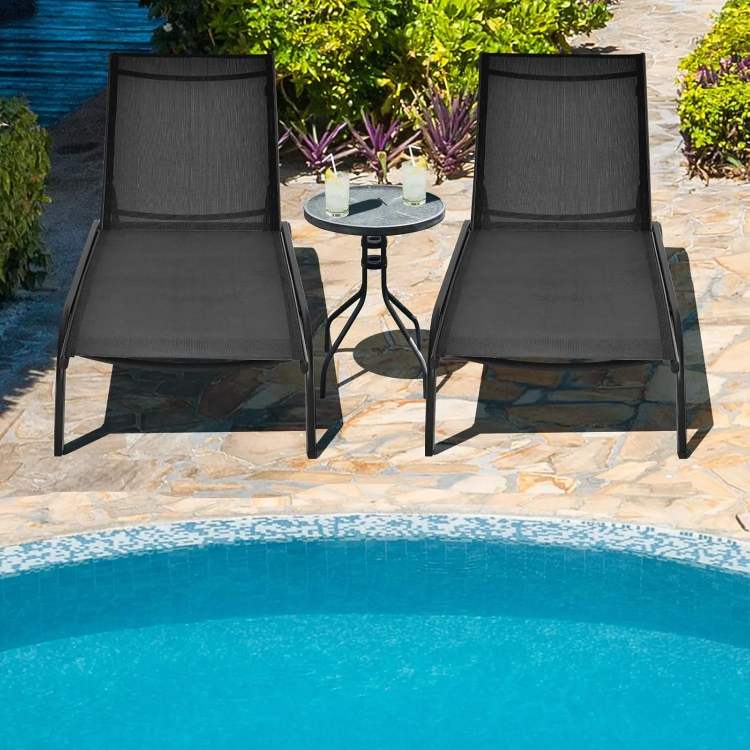 Giantex Patio Lounge Chairs for Pool Area, Outdoor Chaise Lounger with 6 Adjustable Position Smooth Wheels and Quick-Drying Fabric, Lawn Recliner for Backyard, Garden Sunbathing Chair (1, Black)
